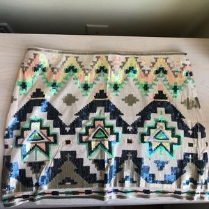 New Express Aztec Pattern Aqua, Coral, Taupe, & Midnight Blue Sequined Skirt